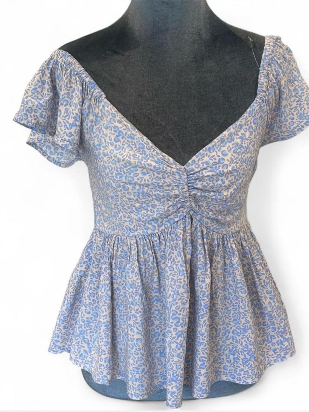 Floral Ruched V-Neck Peplum Top in Blue